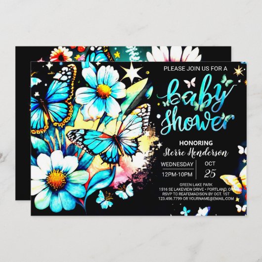 Invitation Baby shower Bleu papillon personnalisé garçon (Devant / Derrière)