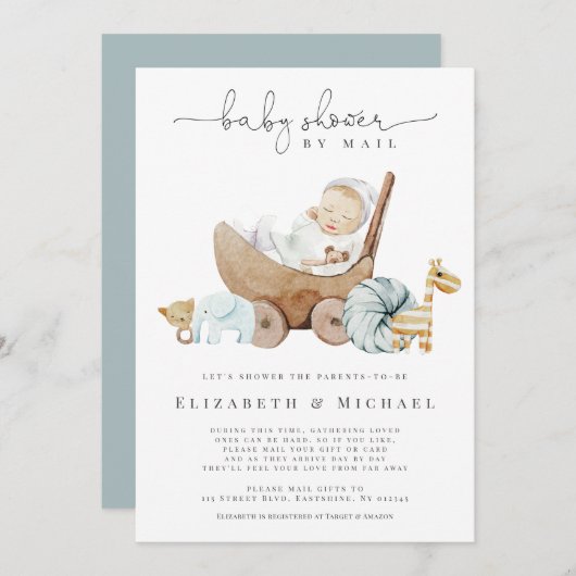 Invitation  Baby shower Bleu Par Mail Boho Distance Sociale (Devant / Derrière)