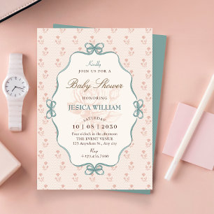 Invitation Baby shower bleu pastel rose ruban vintage