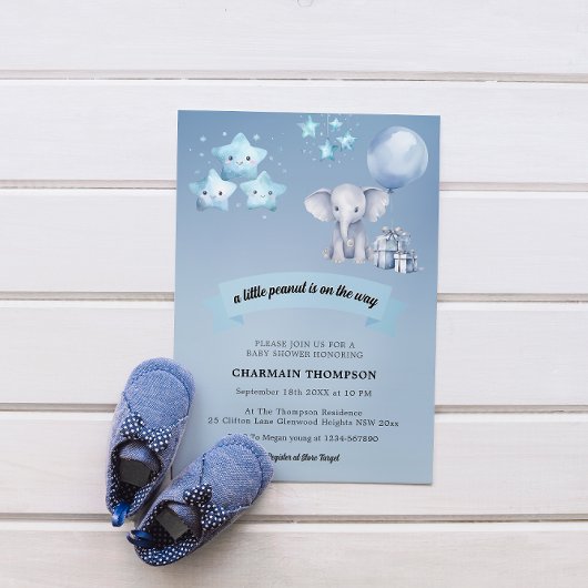 Invitation Baby shower bleu petit arachide éléphant bleu ball