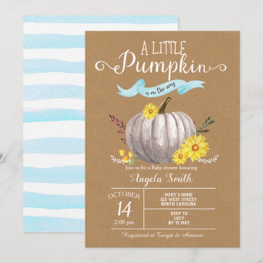 Invitation Baby shower bleu Petit Citrouille Automne Invitati (Devant / Derrière)
