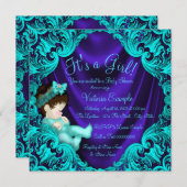 Invitation Baby shower bleu pourpre et Turquoise (Devant / Derrière)