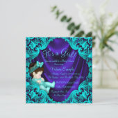 Invitation Baby shower bleu pourpre et Turquoise (Debout devant)