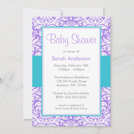 Invitation Baby shower bleu pourpre et Turquoise (Devant)