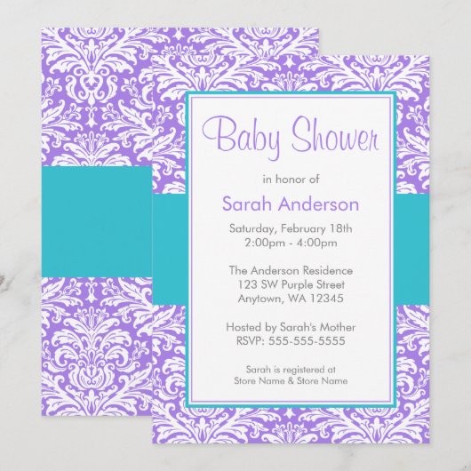 Invitation Baby shower bleu pourpre et Turquoise (Devant / Derrière)