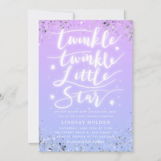 Invitation Baby shower bleu pourpre Twinkle Little Star (Devant)