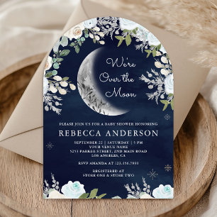 Invitation Baby Shower Bleu Poussiéreux Fleurs d'Ivoire Lune