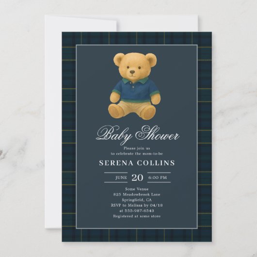 Invitation Baby shower bleu Preppy Teddy Bear (Devant)