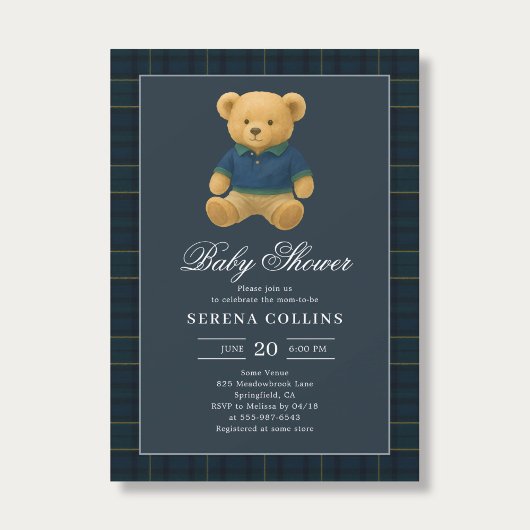 Invitation Baby shower bleu Preppy Teddy Bear