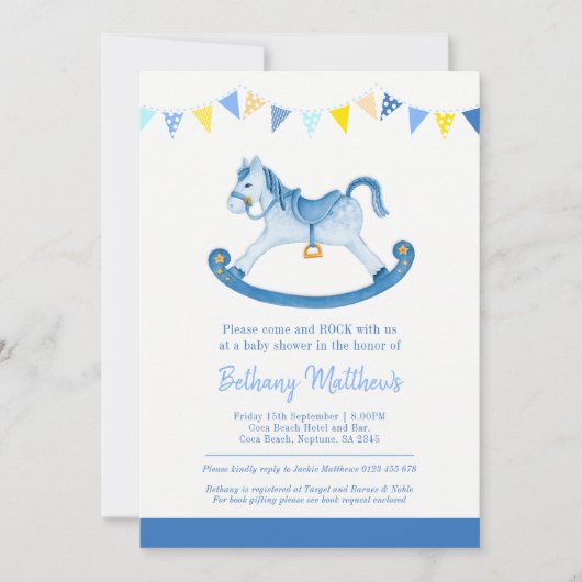 Invitation Baby shower bleu rocking (Devant)