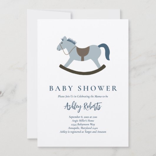 Invitation Baby shower bleu Rocking Horse (Devant)