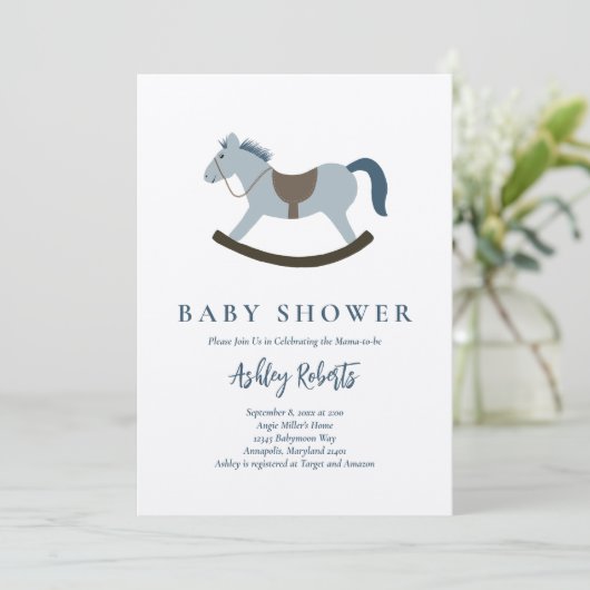 Invitation Baby shower bleu Rocking Horse (Debout devant)