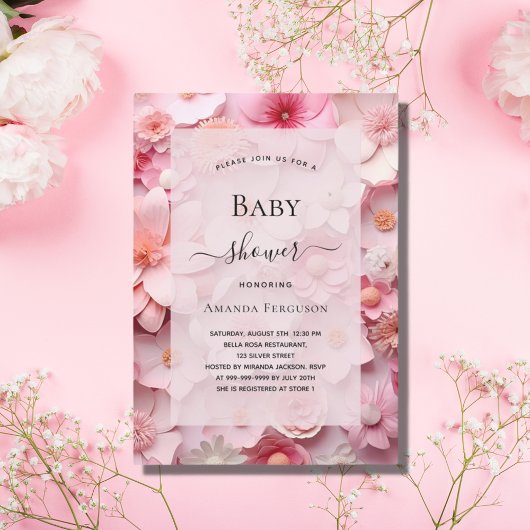 Invitation Baby shower bleu rose fleurs fille luxe