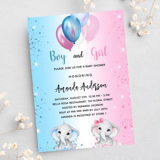 Invitation Baby shower bleu rose garçon fille éléphants jumea