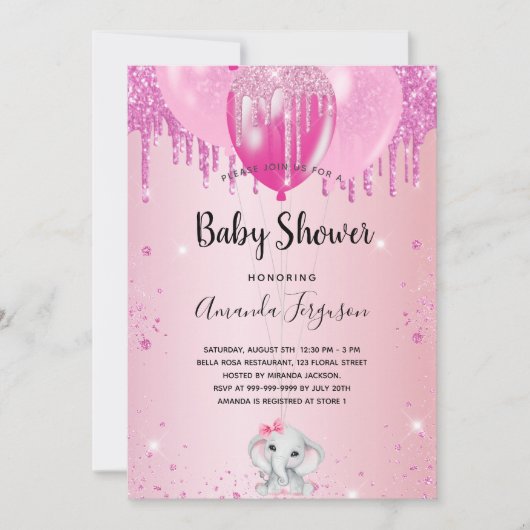Invitation Baby shower bleu rose parties scintillant ballon é (Devant)