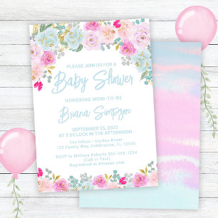 Invitation Baby Shower Bleu Rose Pêche Violet