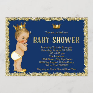 Invitation Baby Shower Bleu Royal Pailleté Or Prince