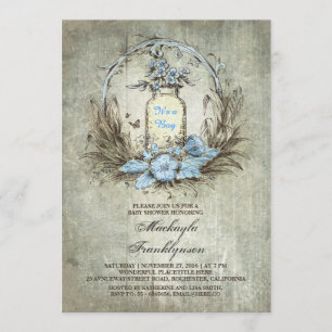 Invitation baby shower bleu rustique de la jarre de mason vin