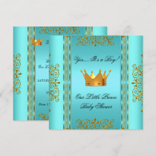 Invitation Baby Shower Bleu Sarcelle Or Couronne Prince Garço