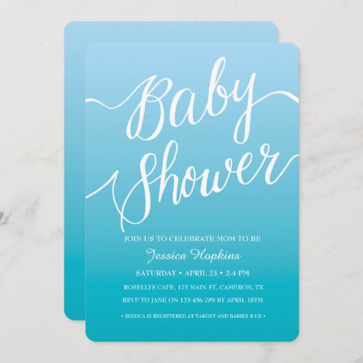 Invitation Baby shower bleu | Script manuscrit (Devant / Derrière)