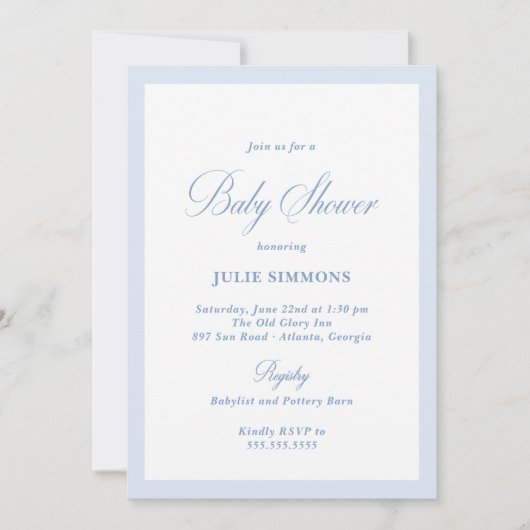 Invitation Baby shower bleu simple classique (Devant)