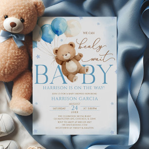 Invitation Baby shower bleu Teddy Bear Balloons