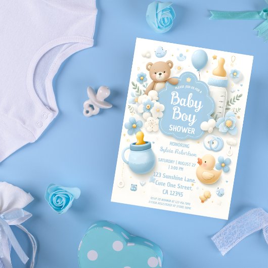 Invitation Baby shower bleu Teddy Bear Boy