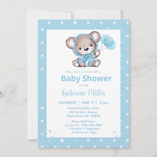 Invitation Baby shower bleu Teddy Bear Boys (Devant)