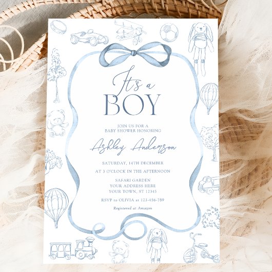Invitation Baby shower Bleu Toile De Jouy