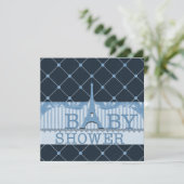 Invitation Baby shower bleu Tour Eiffel chic (Debout devant)