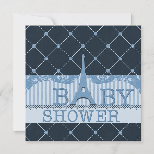 Invitation Baby shower bleu Tour Eiffel chic (Devant)