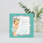 Invitation Baby shower bleu turquoise et argent (Debout devant)