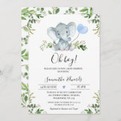 Invitation Baby shower bleu verdure Eléphant Oh Garçon (Devant / Derrière)