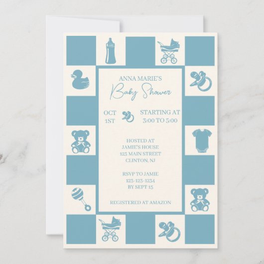 Invitation Baby shower Bleu Vérifié (Devant)