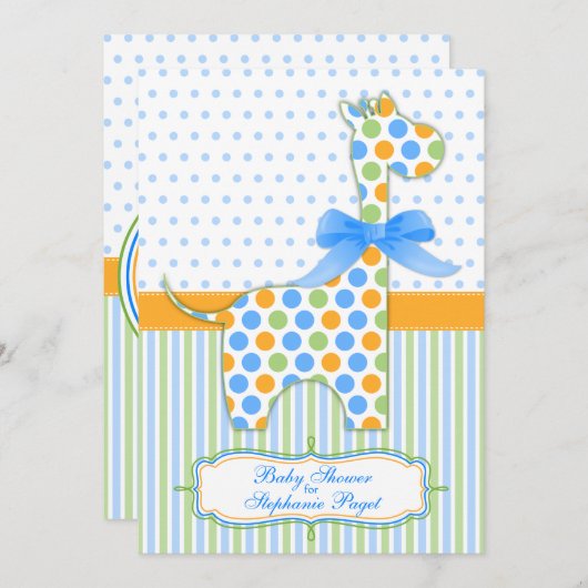 Invitation Baby shower bleu vert orange Giraffe (Devant / Derrière)
