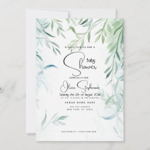 Invitation Baby shower - Bleu vert saule feuillage