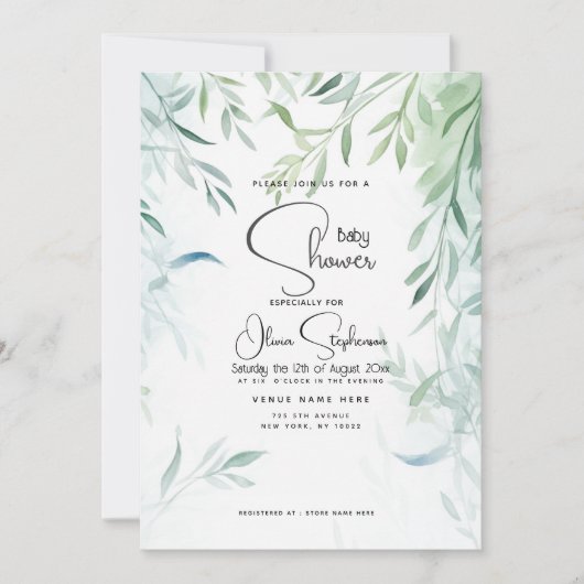 Invitation Baby shower - Bleu vert saule feuillage (Devant)