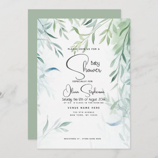 Invitation Baby shower - Bleu vert saule feuillage (Devant / Derrière)