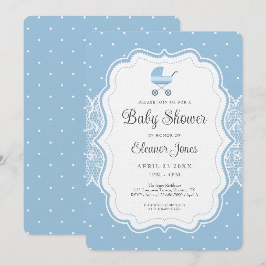 Invitation Baby shower bleu Vintage (Devant / Derrière)