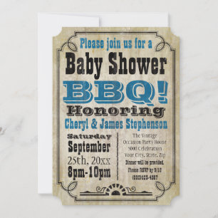 Invitation Baby shower bleu vintage barbecue barbecue Baby-Q