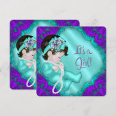 Invitation Baby shower bleu violet et Turquoise pour fille (Devant / Derrière)