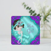 Invitation Baby shower bleu violet et Turquoise pour fille (Debout devant)