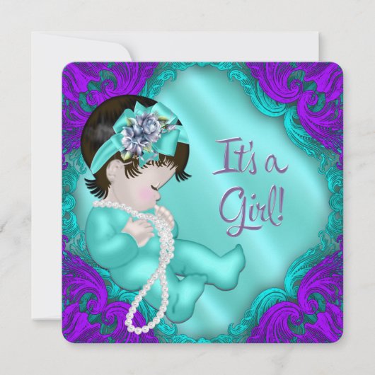 Invitation Baby shower bleu violet et Turquoise pour fille (Devant)
