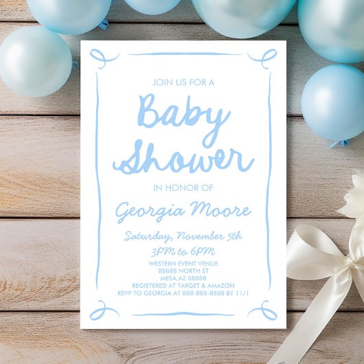 Invitation Baby shower Bleu Whimsical Main tiré