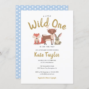 Invitation Baby shower bleu Wild One Woodland Animaux