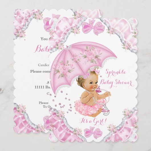Invitation Baby shower Blonde Parapluie rose Fleurs Fille (Devant / Derrière)