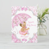 Invitation Baby shower Blonde Parapluie rose Fleurs Fille (Debout devant)