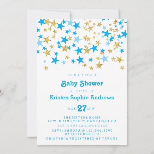 Invitation Baby shower Blue and Gold Stars (Devant)