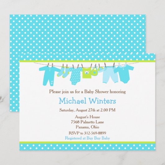 Invitation Baby shower Blue and Green Baby Line (Devant / Derrière)
