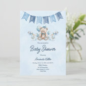 Invitation Baby shower Blue Baby Bear & Balloons (Debout devant)